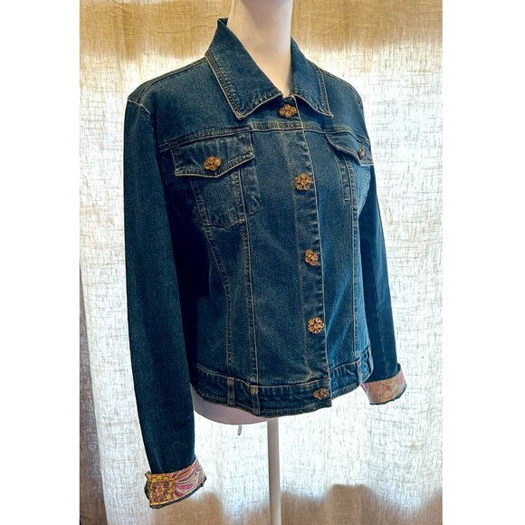 BEREK 2 by Takako Sakon Denim Jean Jacket—Crystal Buttons & Floral Lining Large - Picture 10 of 16